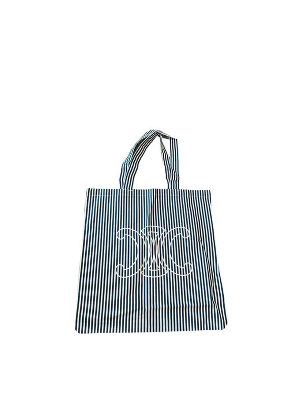 Authentic Celine Paris Triomphe Novelty Canvas Tote Bag Navy White Stripe NWOT